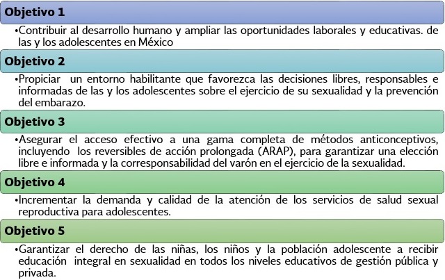 Objetivos: 1.-Contribuir al desarrollo humano y ampliar las oportunidades laborales y educativos de las y los adolescentes en Mxico., 2.-Propiciar un entorno habilitante que favorezca las decisiones libres, responsables e informadas de las y los adolescentes sobre el ejercicio de su sexualidad y la prevencin del embarazo., 3.- Asegurar el acceso efectivo a una gama completa de mtodos anticonceptivos, incluyendo los reversibles de accin prolongada (ARAP), para garantizar una eleccin libre e informada y la corresponsablilidad de varn en el ejercicio de la sexualidad., 4.- Incrementar la demanda y calidad de la atencin de los servicios de salud sexual reproductiva para adolescentes., 5.- Garantizar el derecho de las nias, los nios y la poblacin adolescente a recibir educacin integral en sexualidad en todos los niveles educativos de gestin pblica y privada.